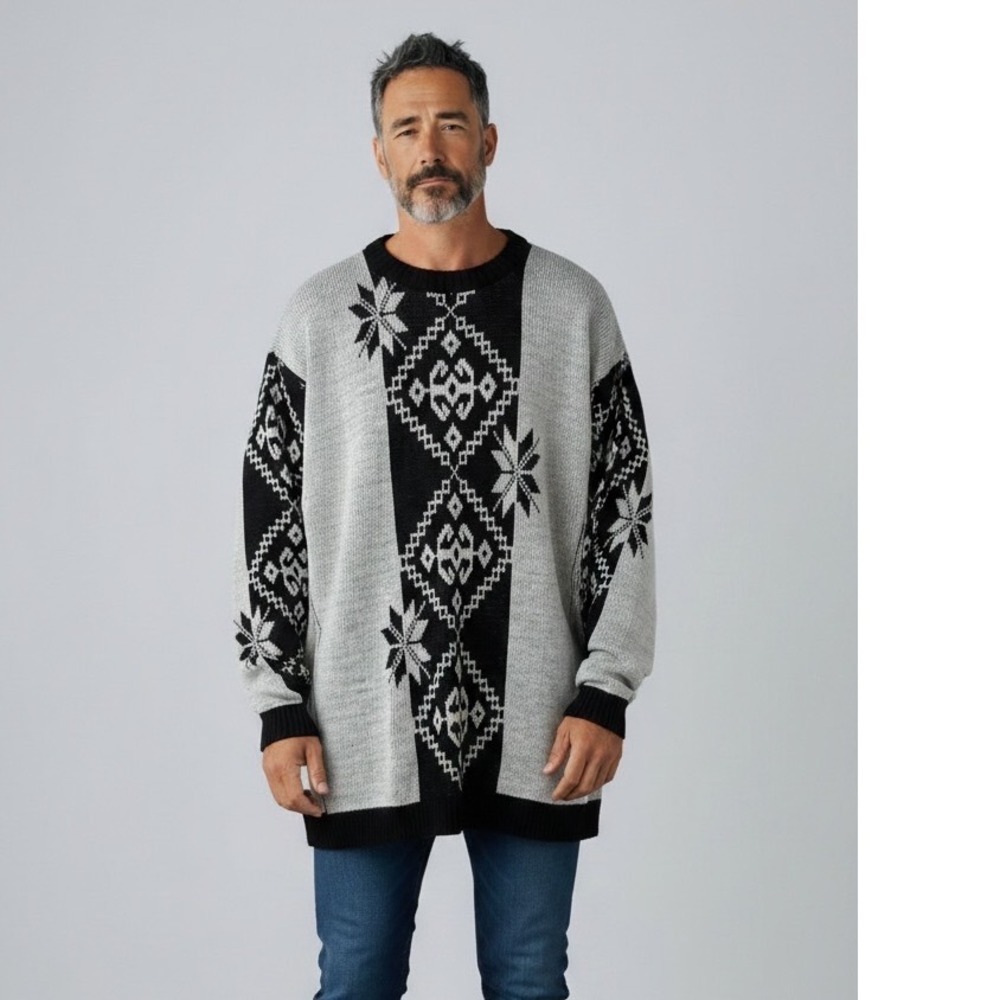 Vintage Le Tigre Mens Large Tall Gray Black Geometric Snowflake Knit Sweater USA